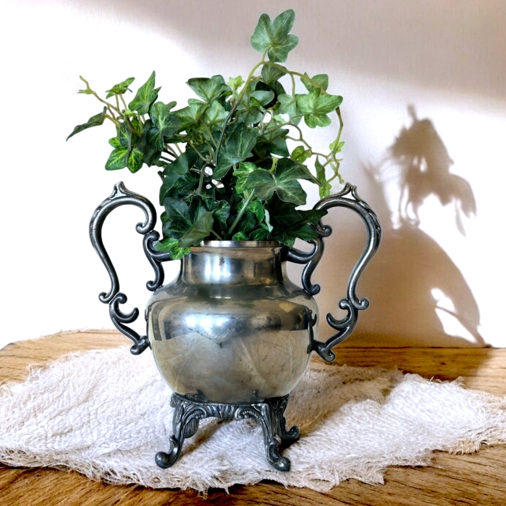 Elegant Sugar Bowl, Silverplate on Copper, Small Vintage Vase Shabby Cottagecore